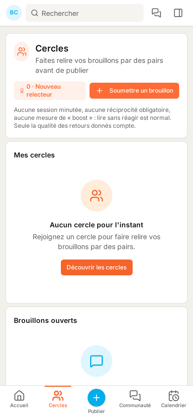 Cercles de relecture — vue mobile