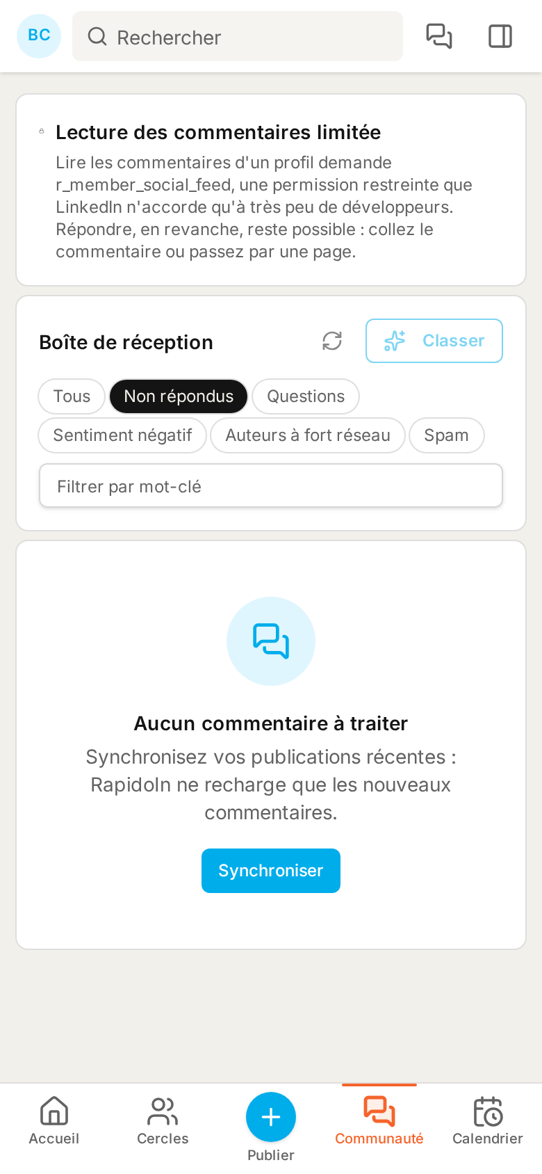 Écran communauté de RapidoIn en vue mobile